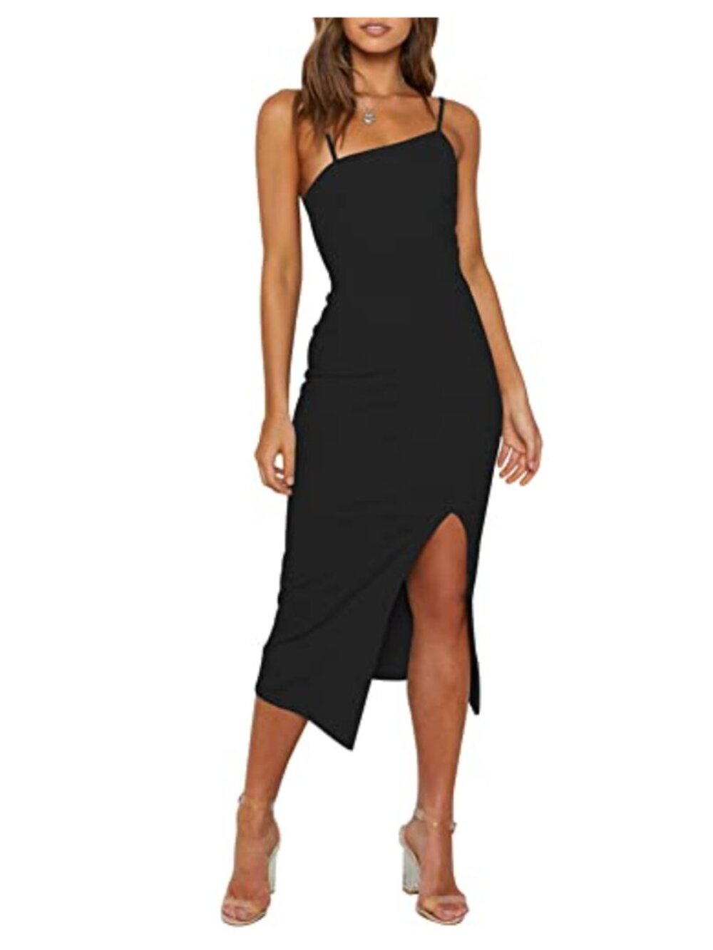 Spaghetti Strap Split Hem Bodycon Midi Dress High Waist Cocktail Party